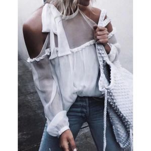 NWT We Have The Future Ribbon Tie Top White Cold Shoulder Sheer Yoke Blouse